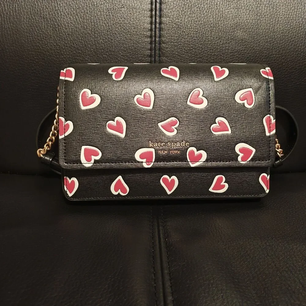 KATE SPADE Morgan Shoulder Flap Crossbody Bag Stencil Heart Print Black Red EUC